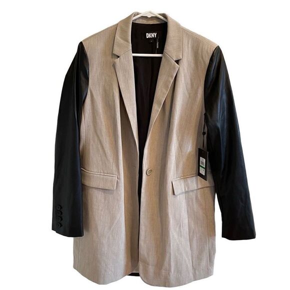 DKNY Jacket Womens L Mixed Media Tailored Country Khaki Black Chic Punk NWT - Picture 1 of 11